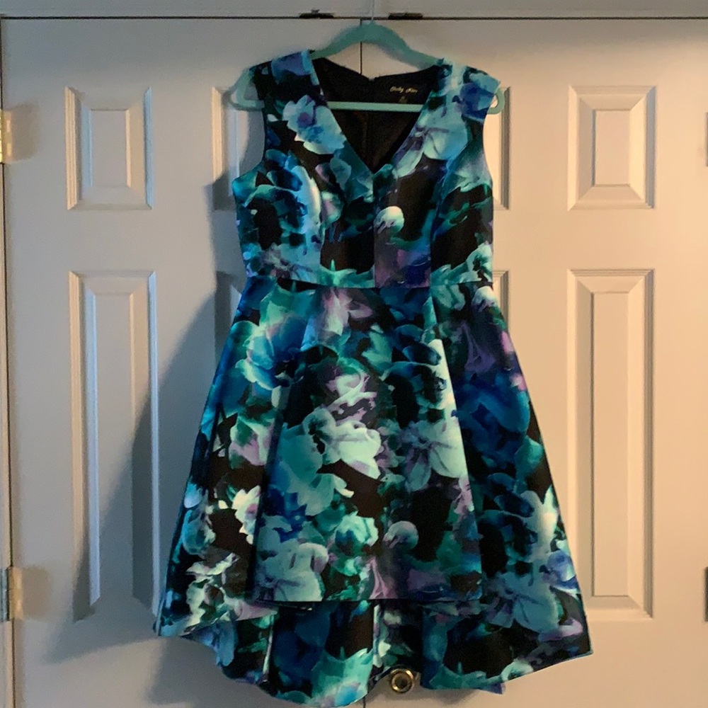 Blue and black high low floral print dress
